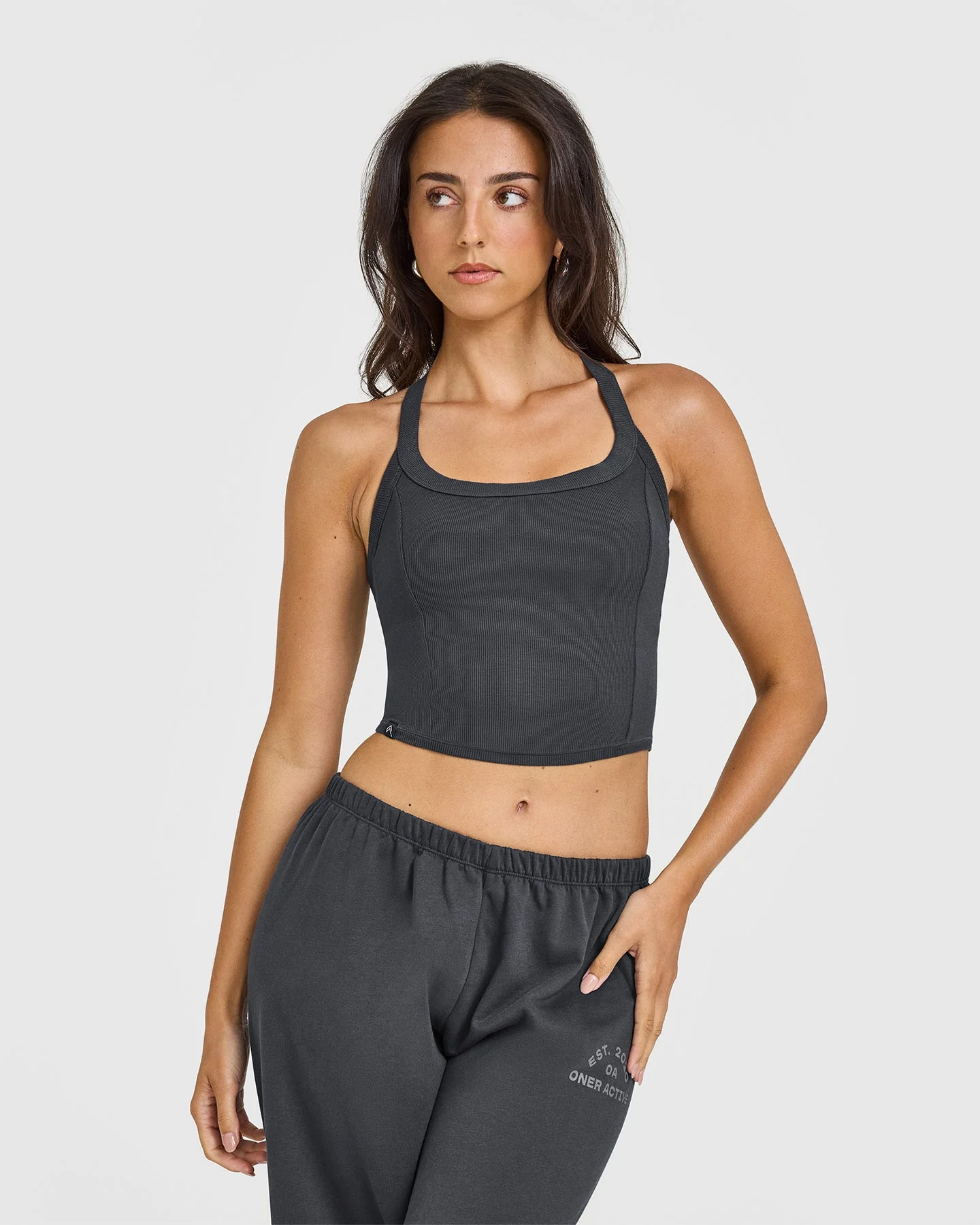 Mellow™ Rib Halter Neck Mid Vest with Built in Bra Shelf | Coal