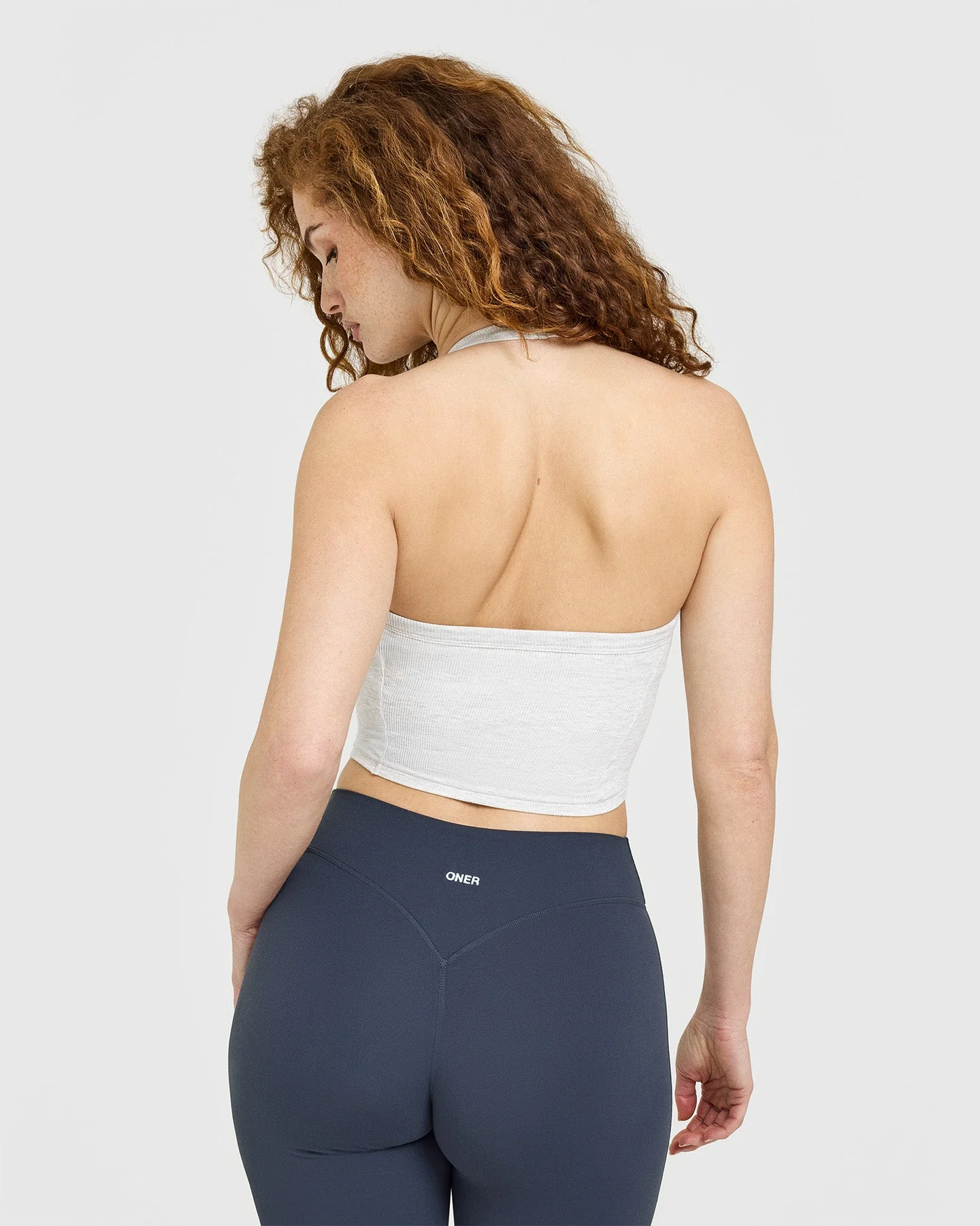 Mellow™ Rib Halter Neck Mid Vest with Built in Bra Shelf | Light Grey Marl - Image 2