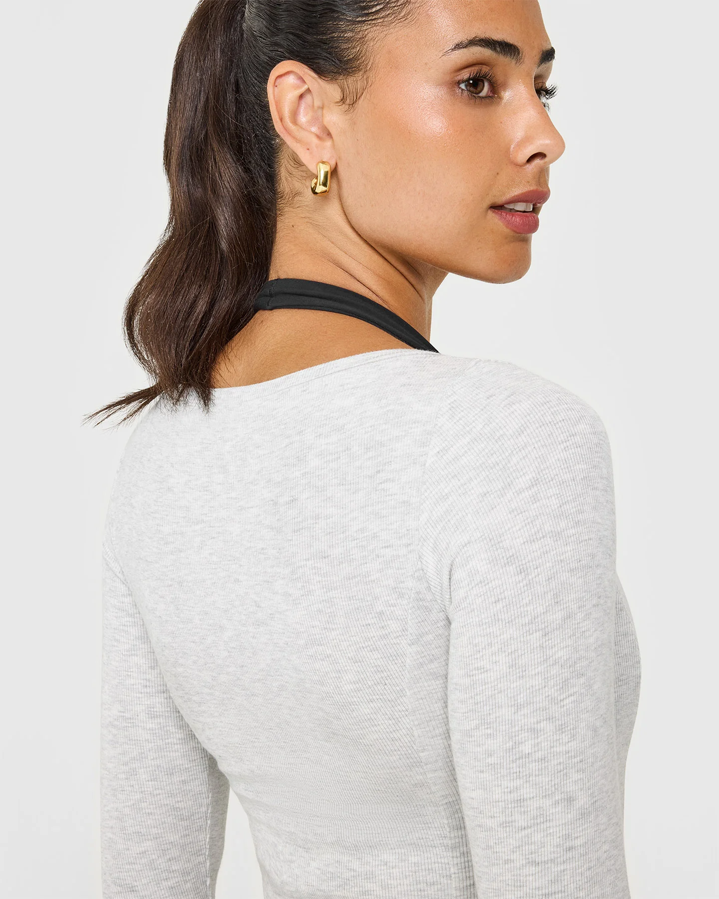 Mellow™ Rib V Neck Mid Long Sleeve Top | Light Grey Marl - Image 4
