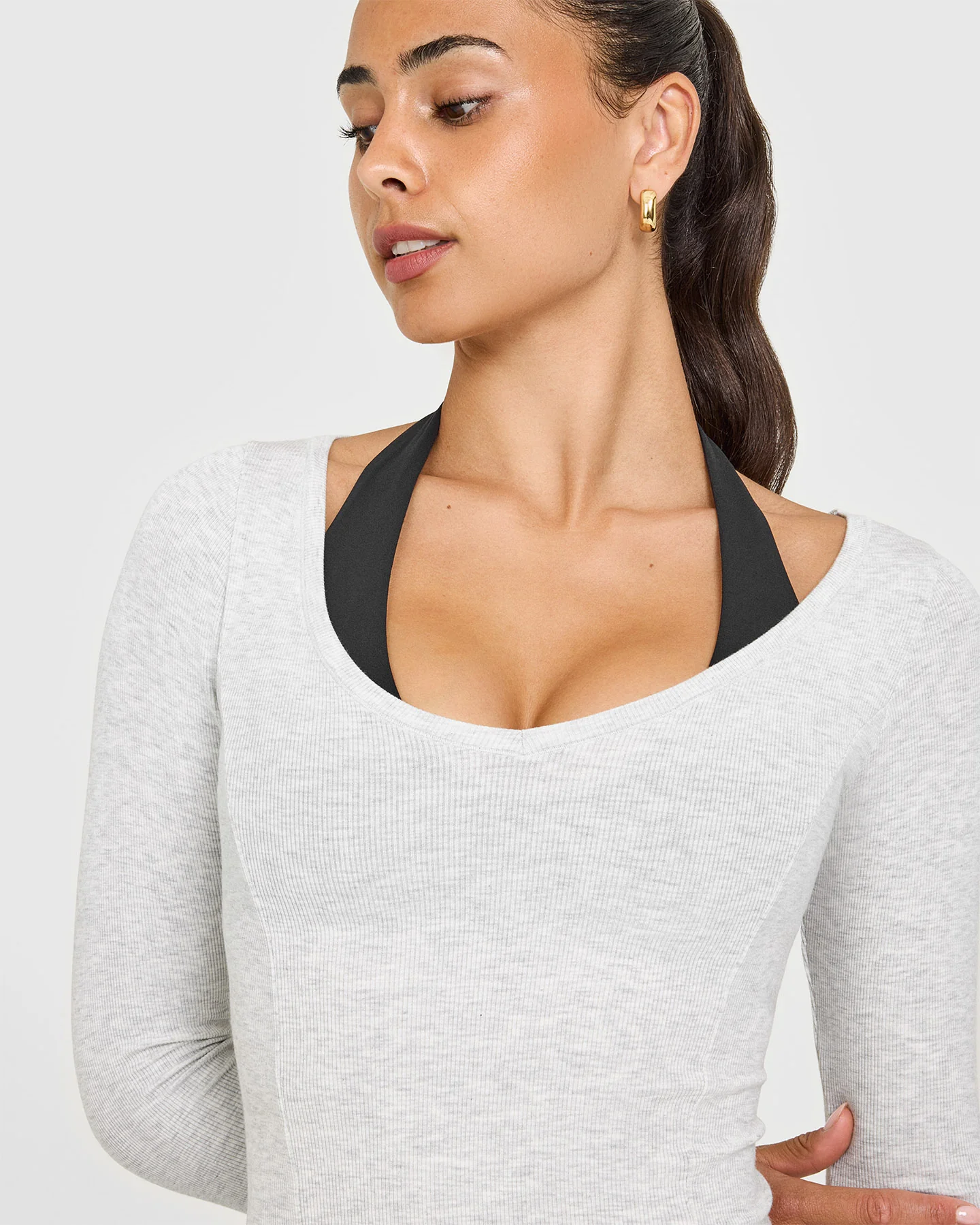 Mellow™ Rib V Neck Mid Long Sleeve Top | Light Grey Marl - Image 5