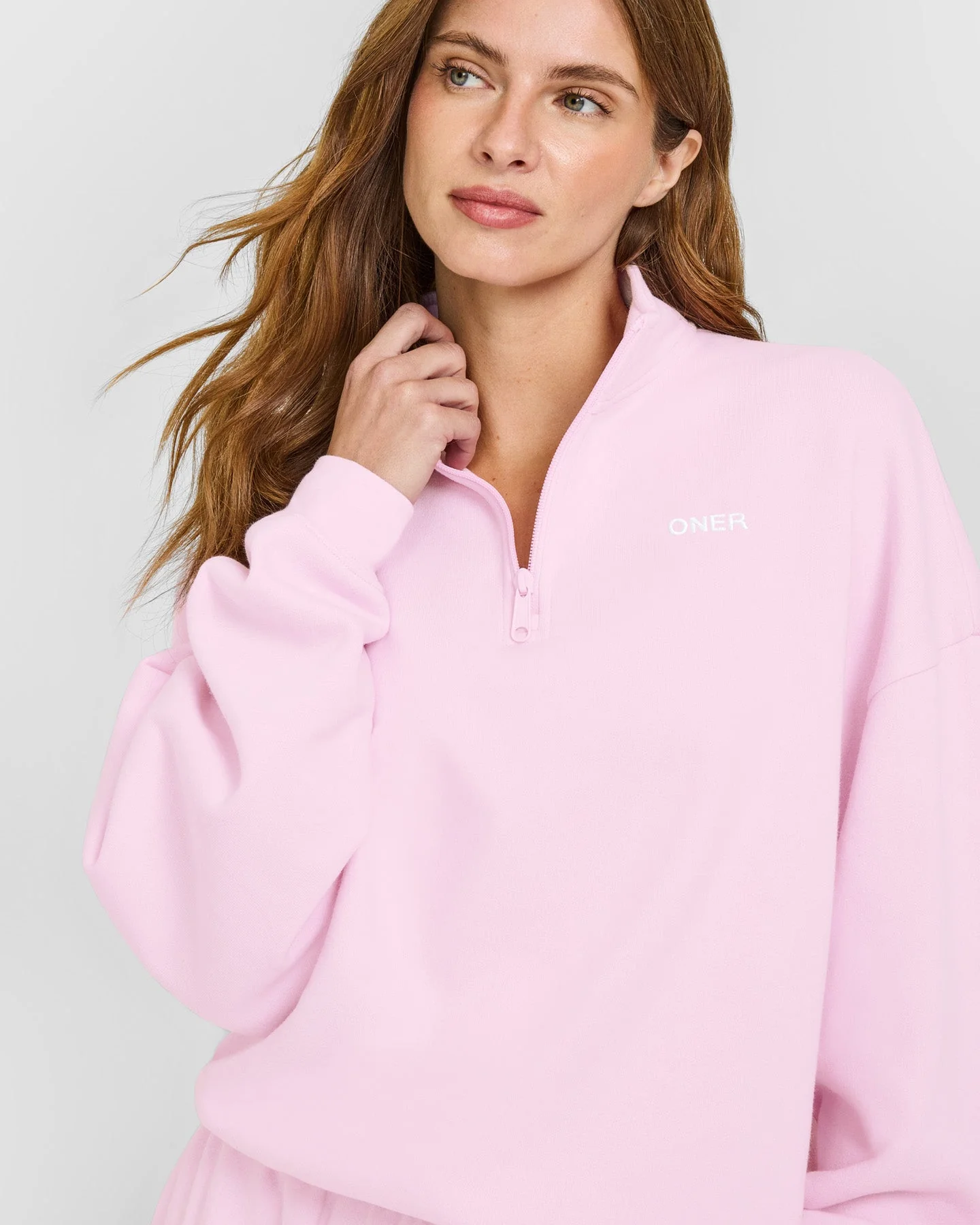 Mid Weight 1/4 Zip Sweatshirt | Chalk Pink - Image 2