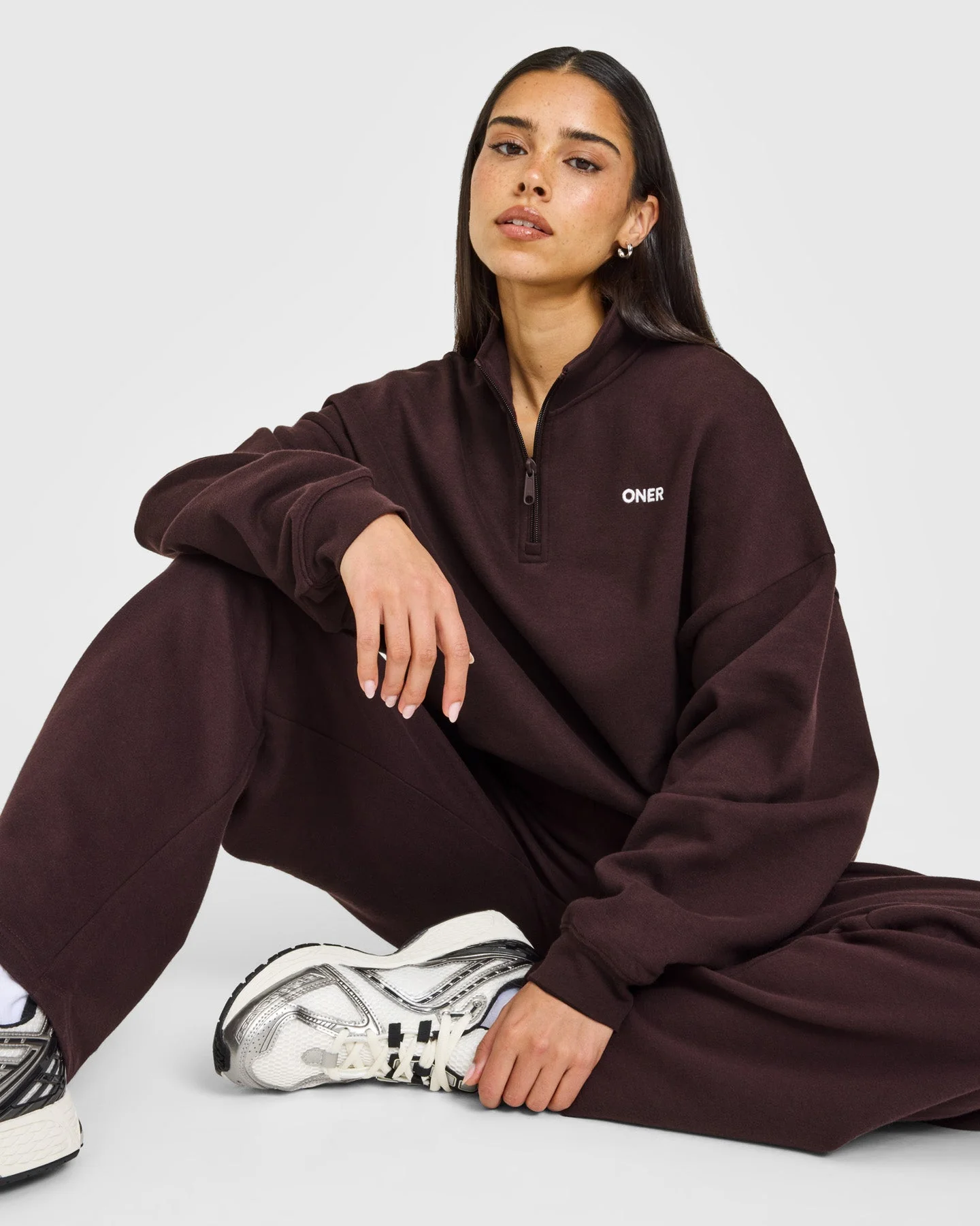 Mid Weight 1/4 Zip Sweatshirt | Plum Brown - Image 2