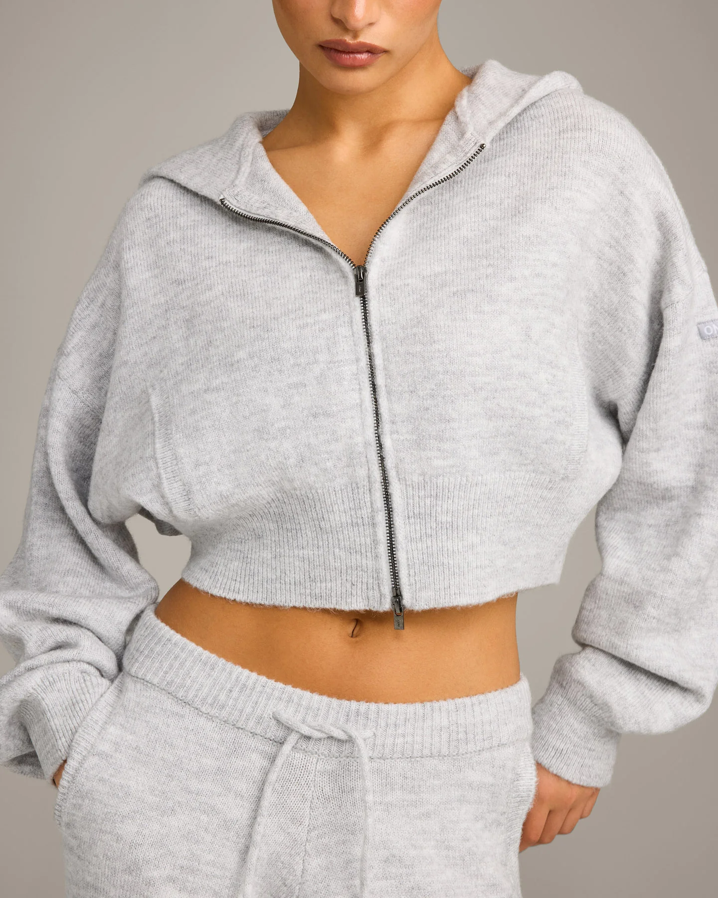 Oversized Knit Zip Through Mid Hoodie | Light Grey Marl - Image 5