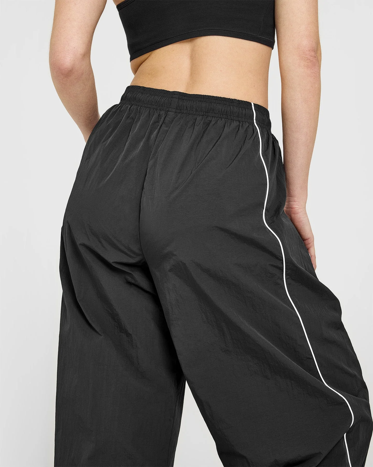 Oversized Piped Woven Straight Leg Track Bottoms | Soft Black - Image 4