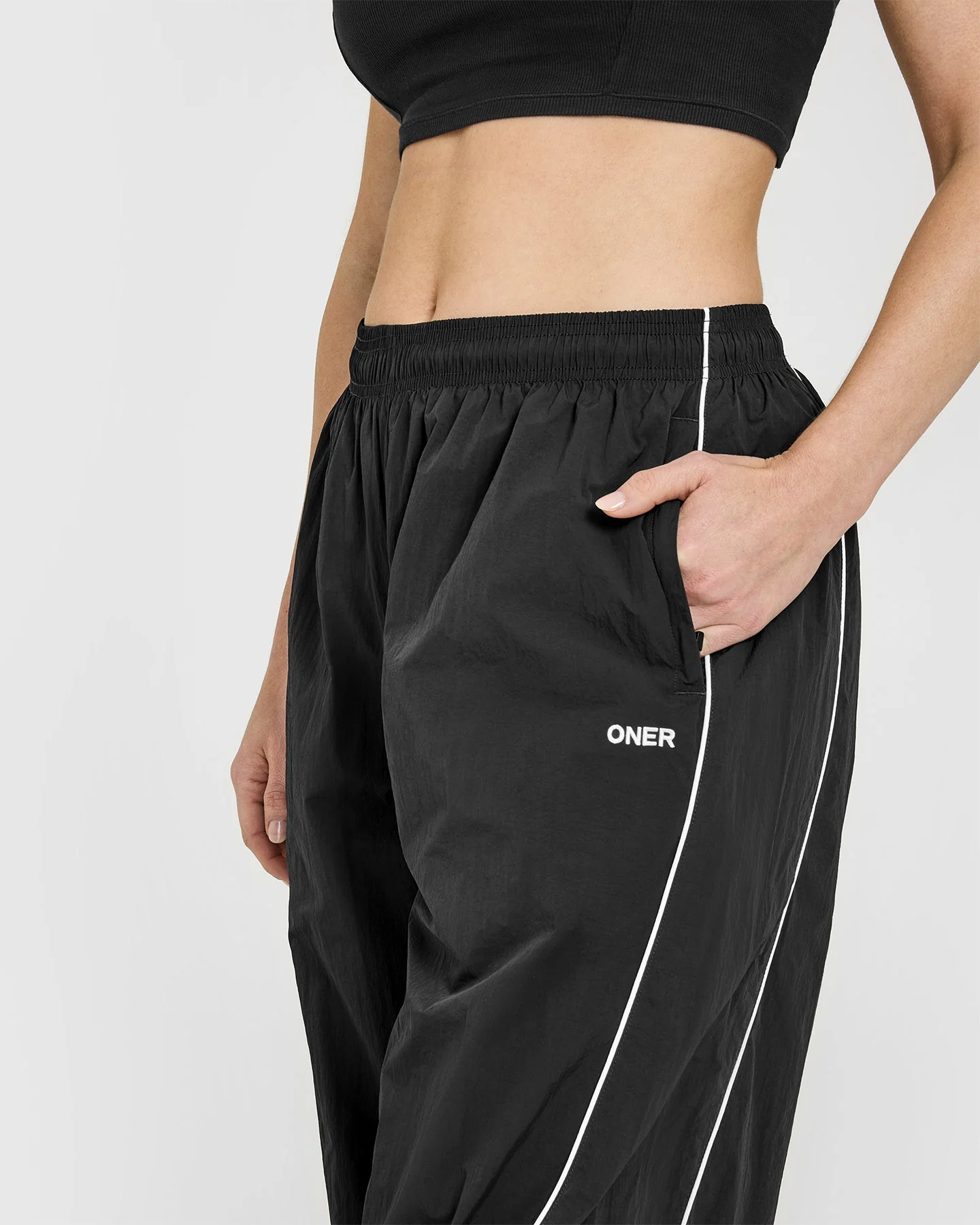 Oversized Piped Woven Straight Leg Track Bottoms | Soft Black - Image 5