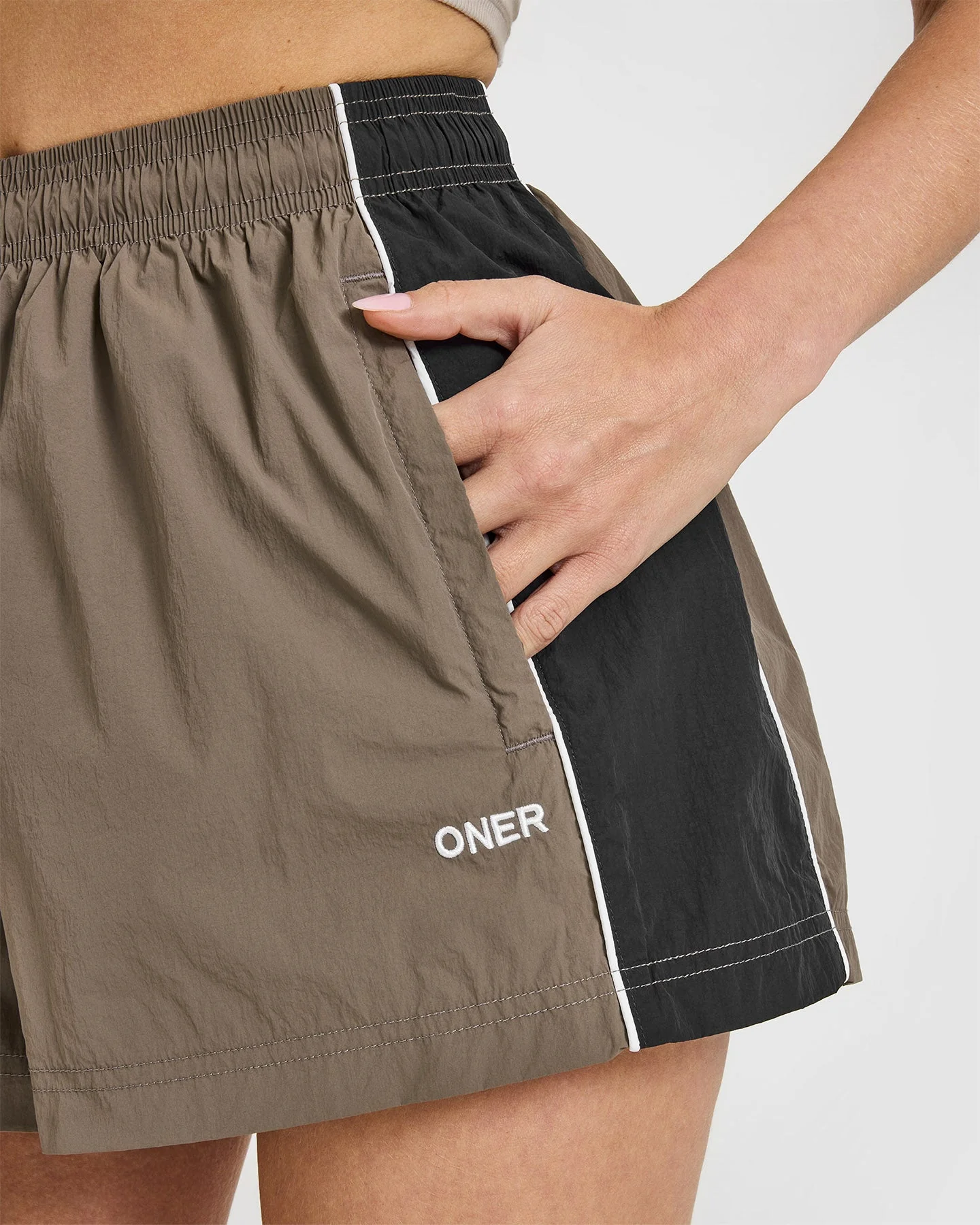 Oversized Piped Woven Track Shorts | Moss Brown - Image 5