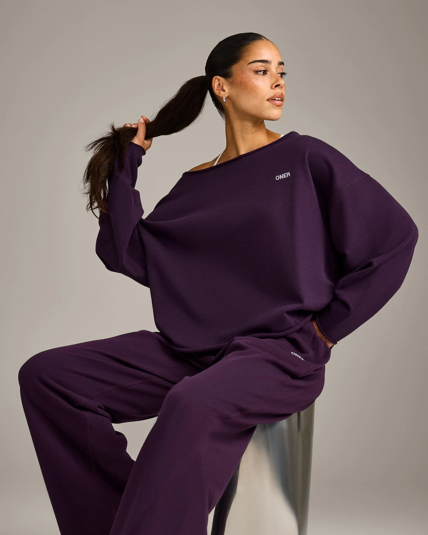 Raw Cut Lounge Off-The-Shoulder Sweatshirt | Washed Blackberry Purple - Image 6