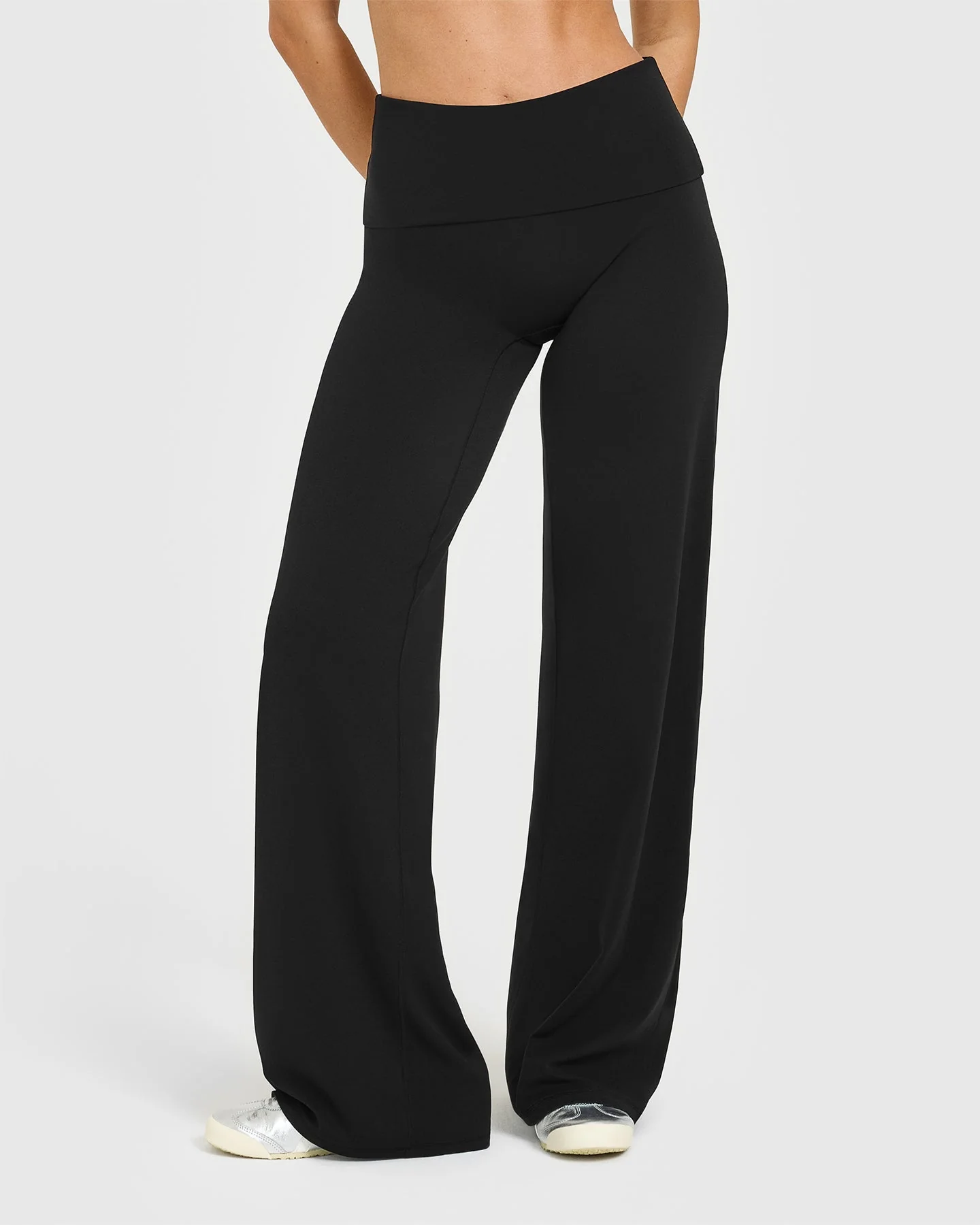 SoftMotion™ Fold Over Straight Leg Bottoms with White Logo | Black - Image 2