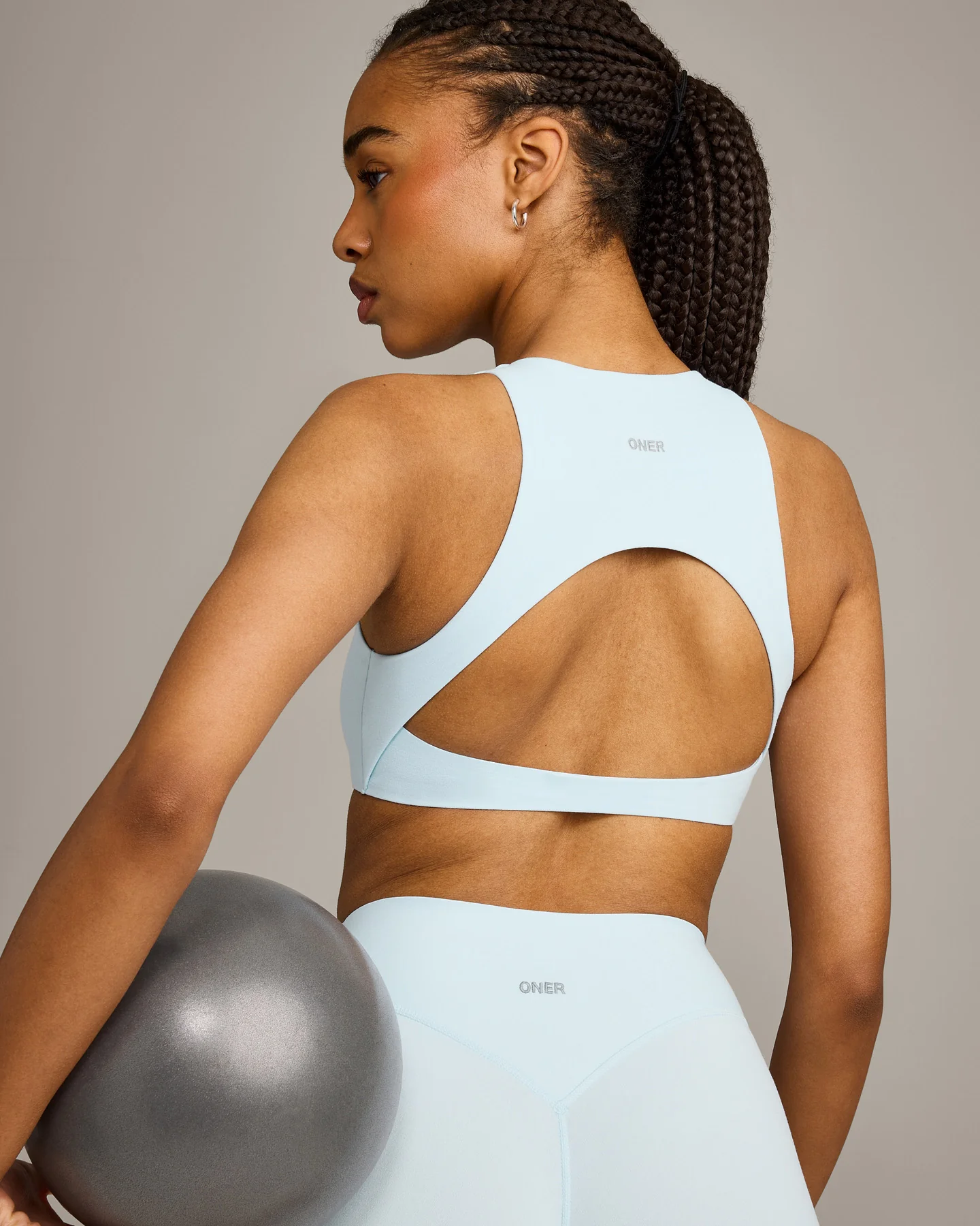 SoftMotion™ High Neck Sports Bra with Grey Logo | Cloud Blue - Image 4