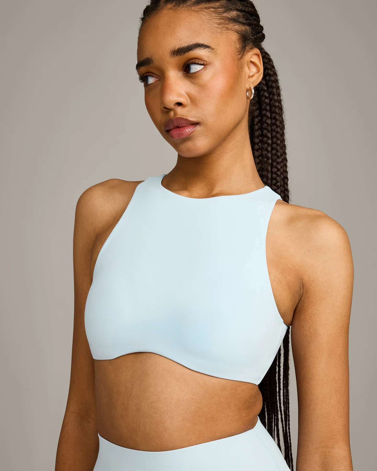 SoftMotion™ High Neck Sports Bra with Grey Logo | Cloud Blue - Image 5