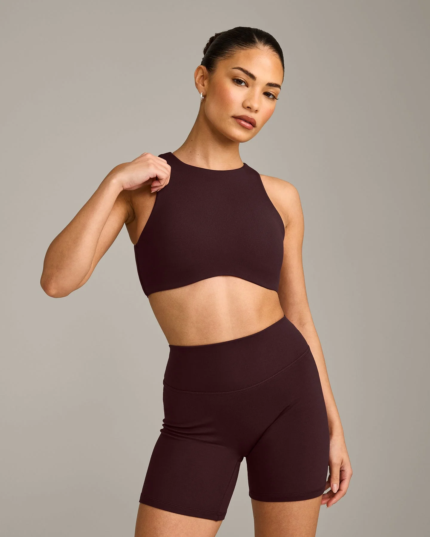 SoftMotion™ High Neck Sports Bra with Grey Logo | Plum Brown