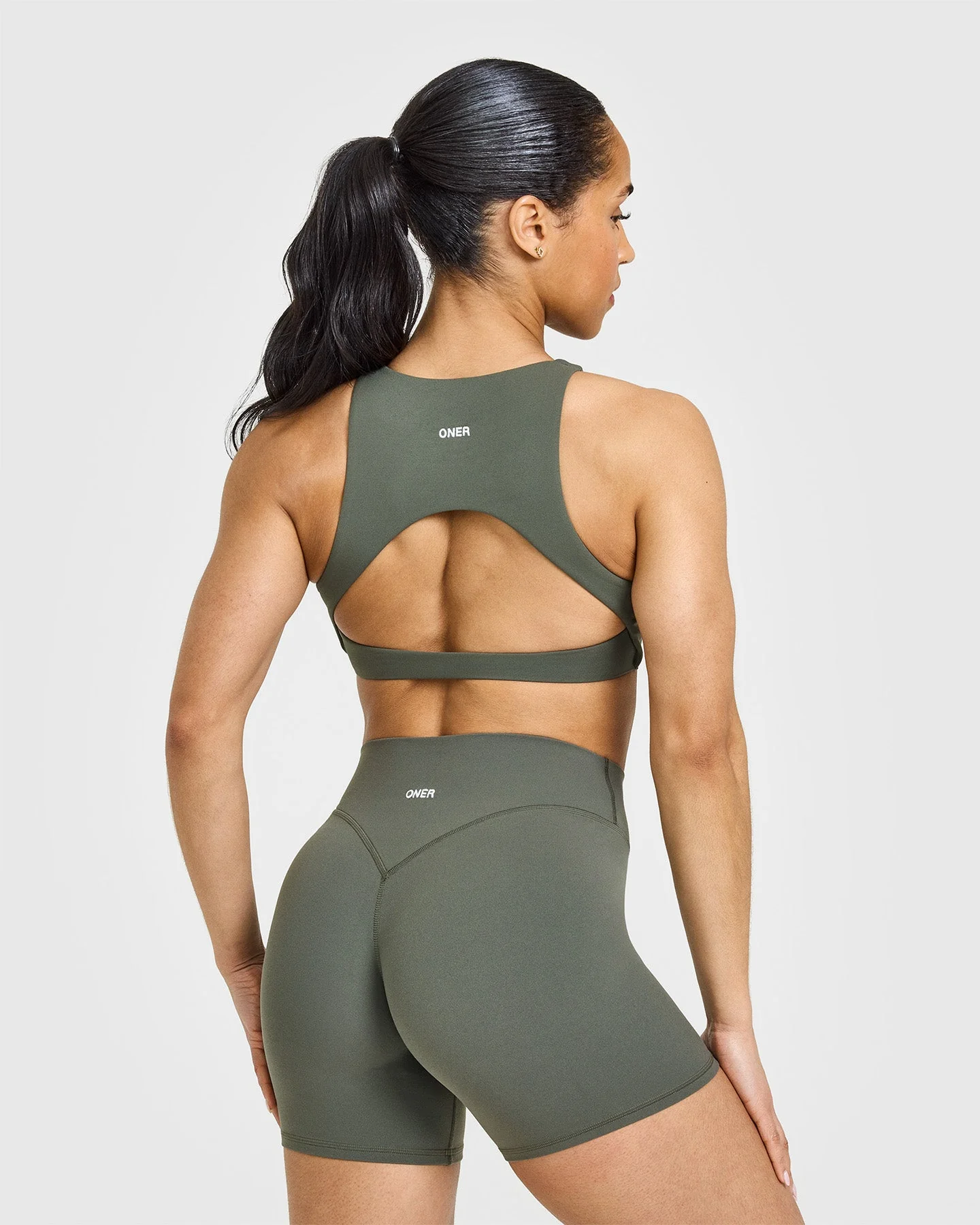 SoftMotion™ High Neck Sports Bra with White Logo | Dark Khaki - Image 2