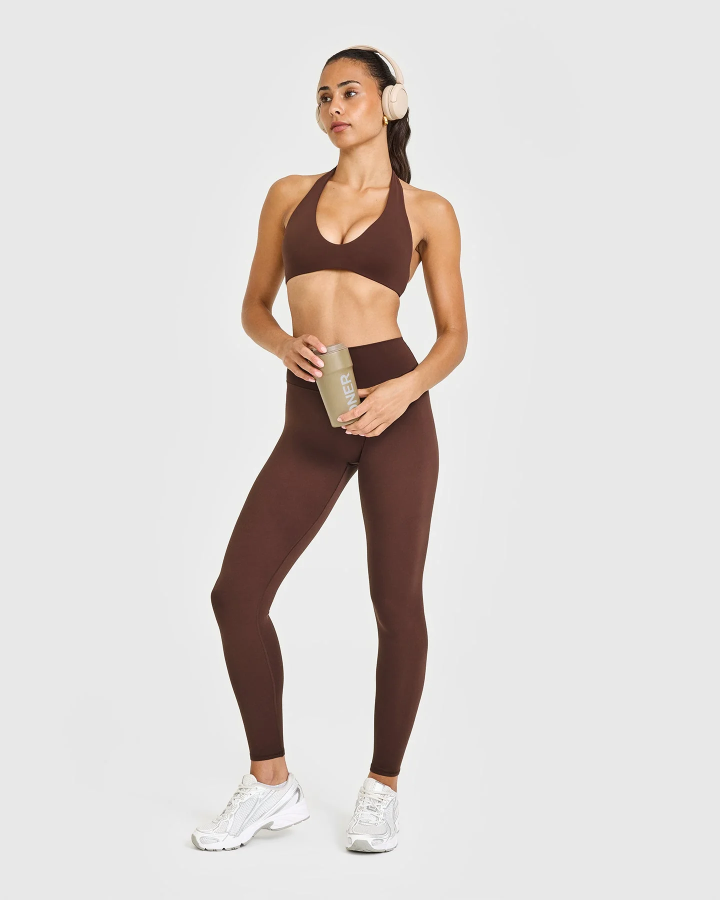 SoftMotion™ High Waisted Leggings with White Logo | Espresso Brown - Image 3