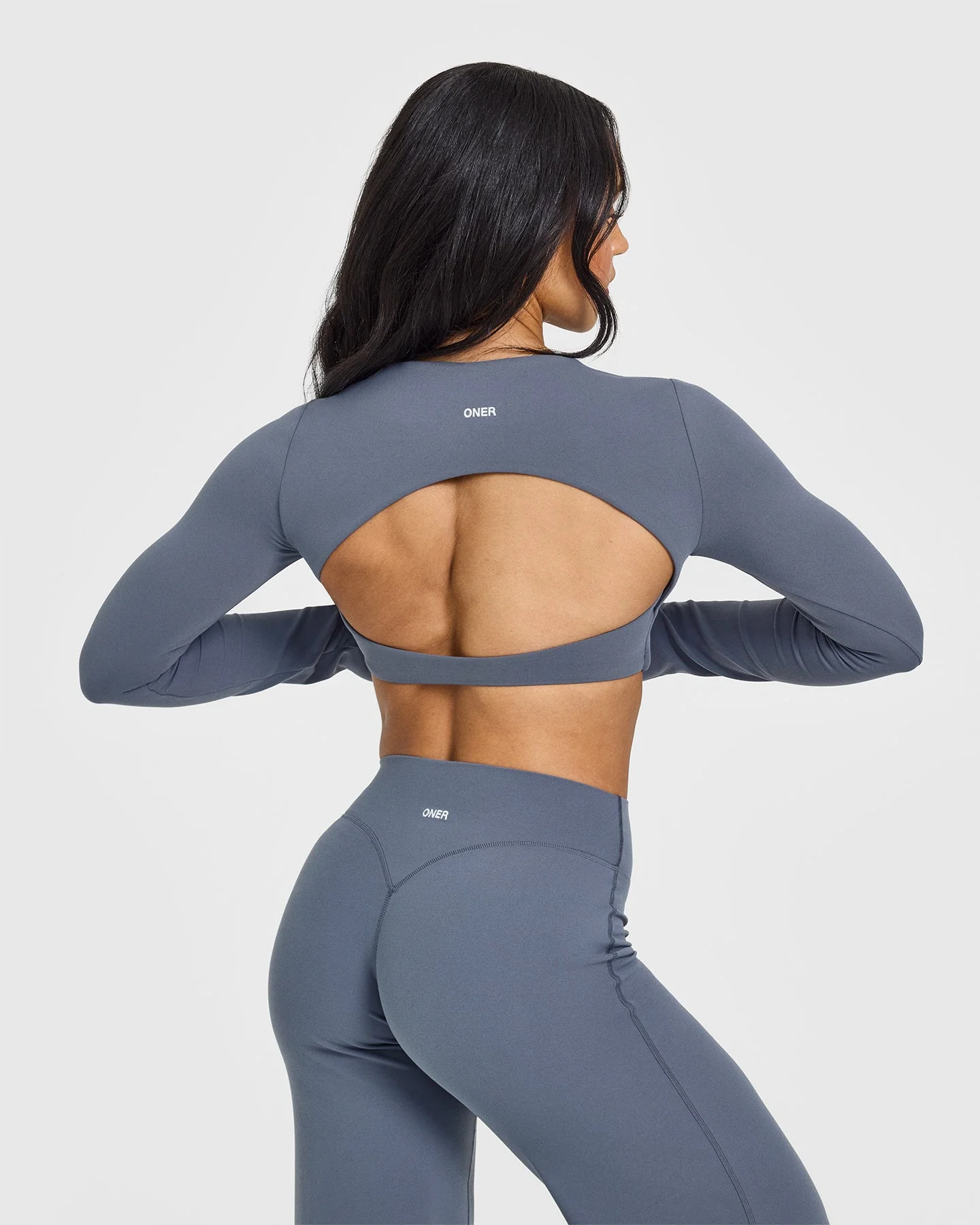 SoftMotion™ Long Sleeve Crop Top with White Logo | Granite Blue - Image 2