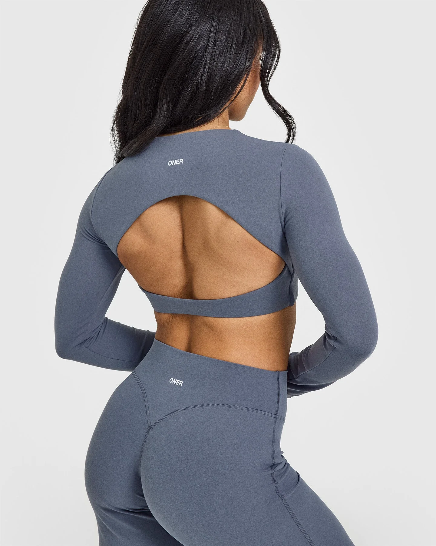 SoftMotion™ Long Sleeve Crop Top with White Logo | Granite Blue - Image 4
