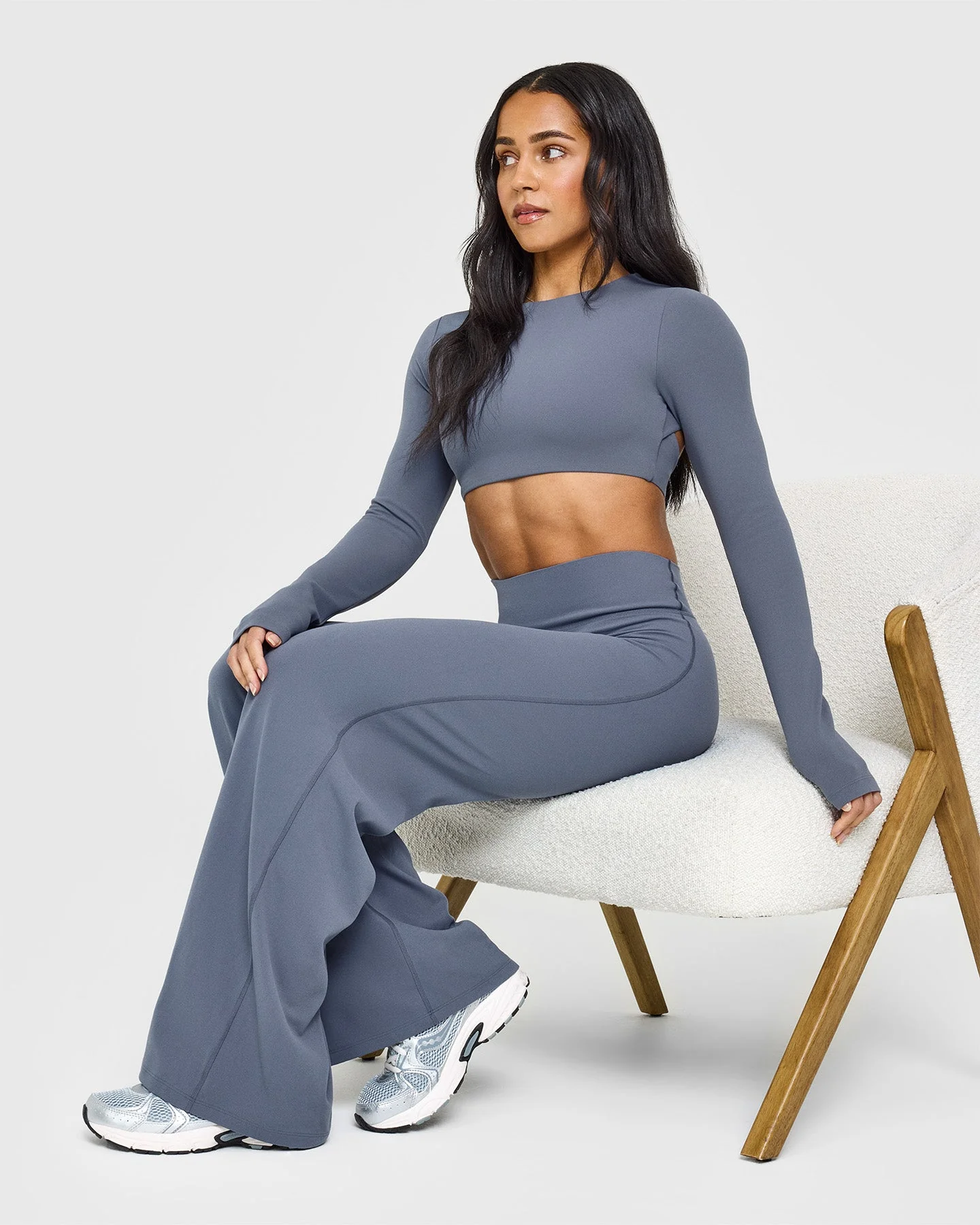 SoftMotion™ Long Sleeve Crop Top with White Logo | Granite Blue - Image 6
