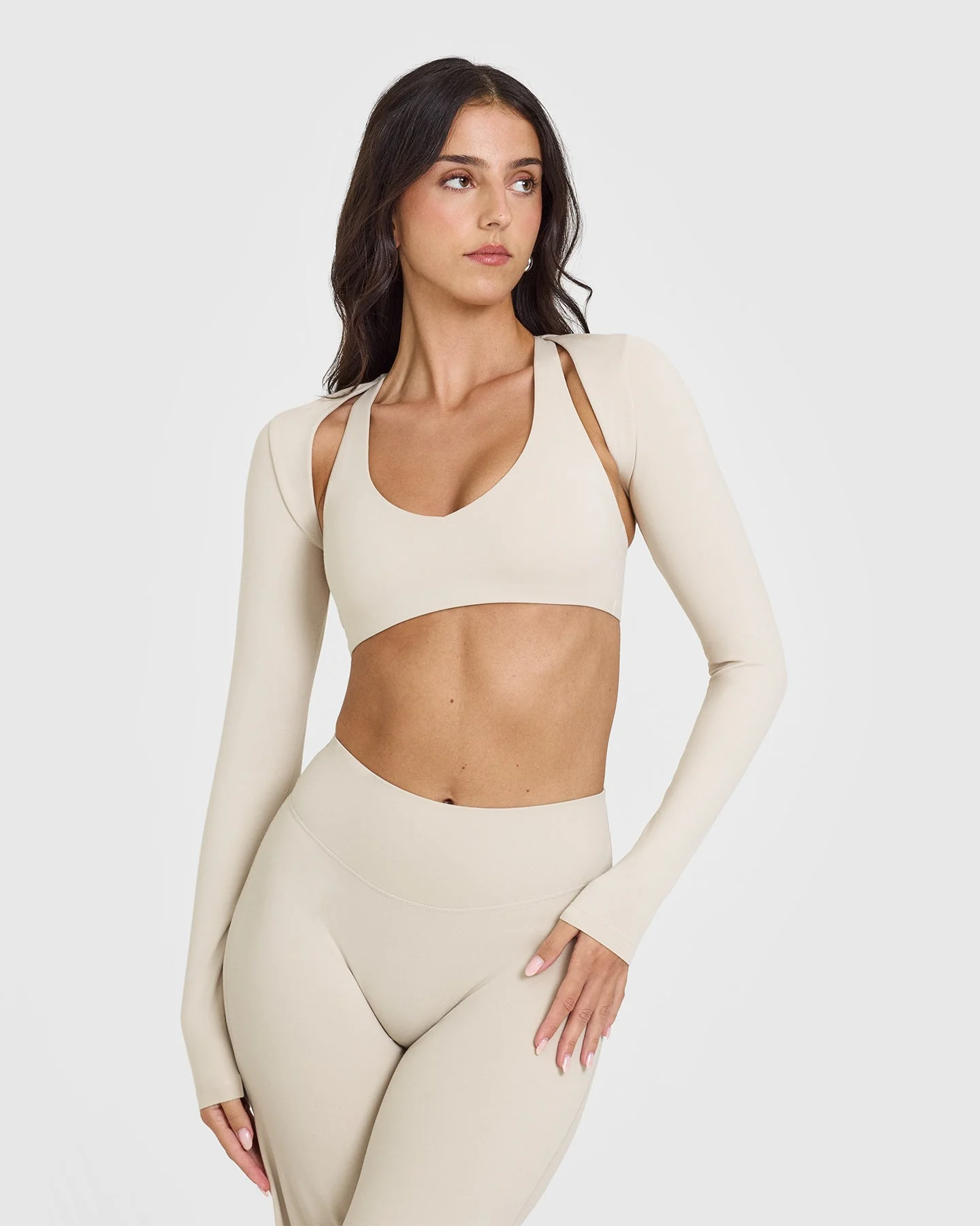 SoftMotion™ Long Sleeve Shrug with White Logo | Sand