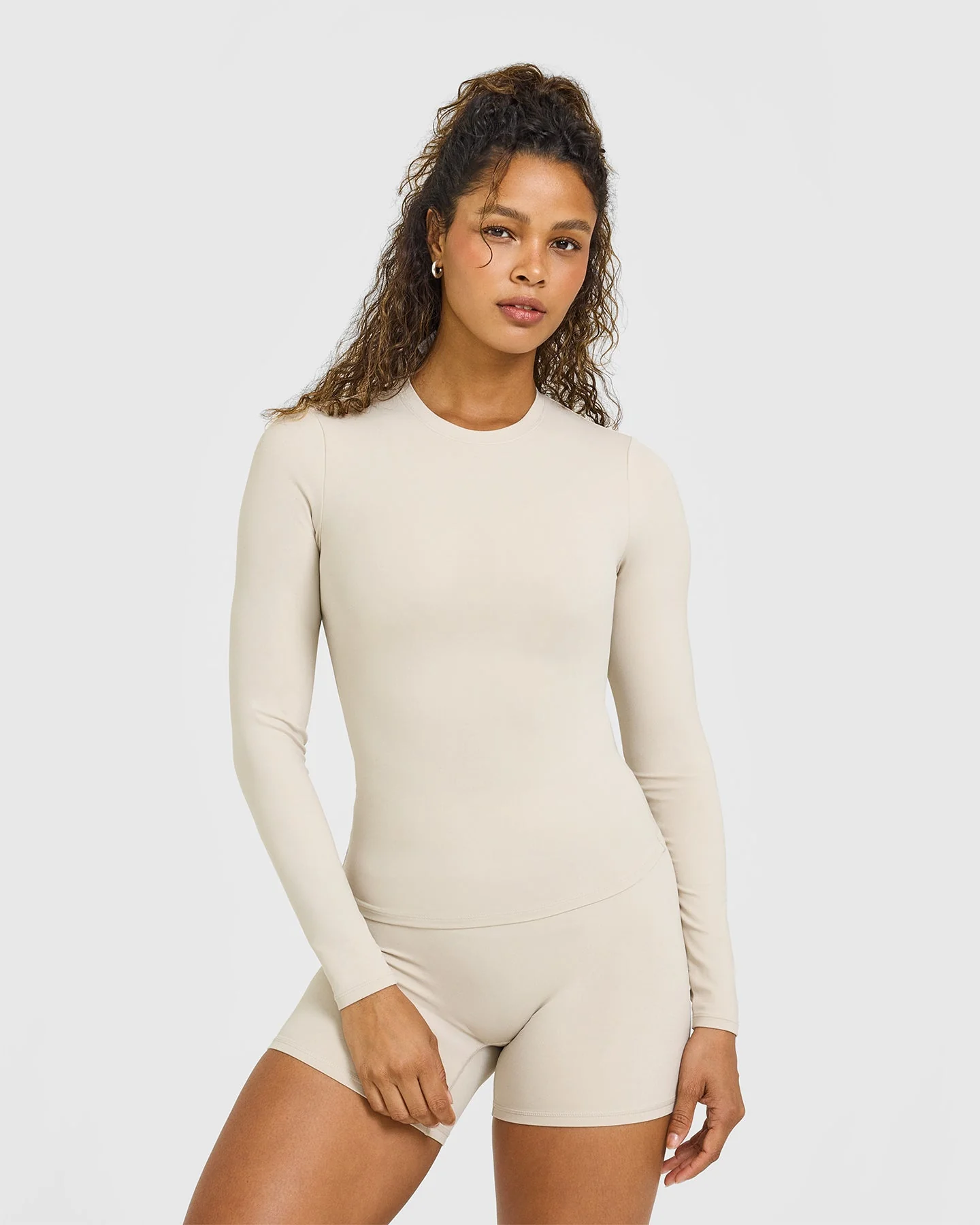 SoftMotion™ Long Sleeve Top with White Logo | Sand