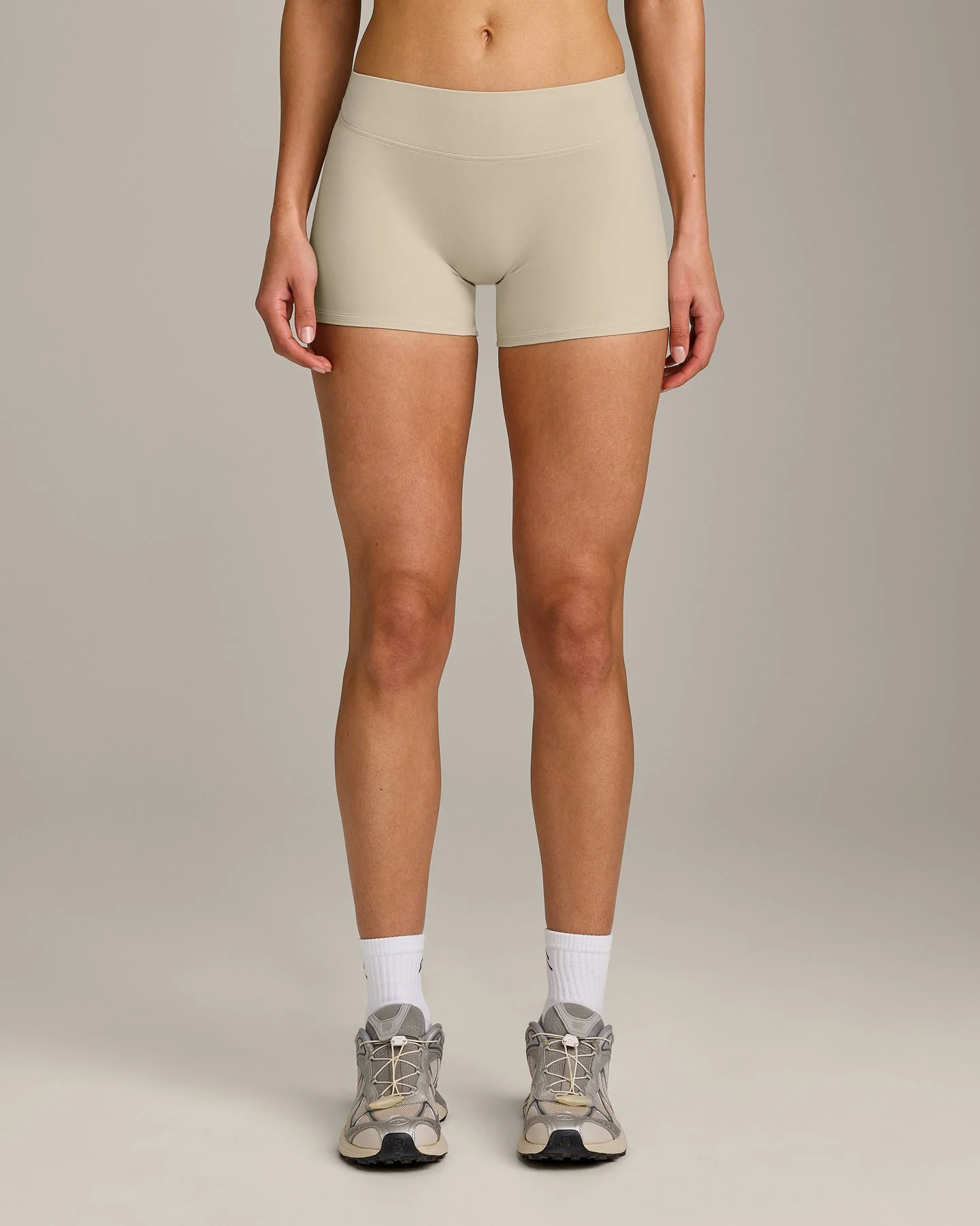 SoftMotion™ Mid Rise Shorts 4" with Grey Logo | Oatmeal - Image 6