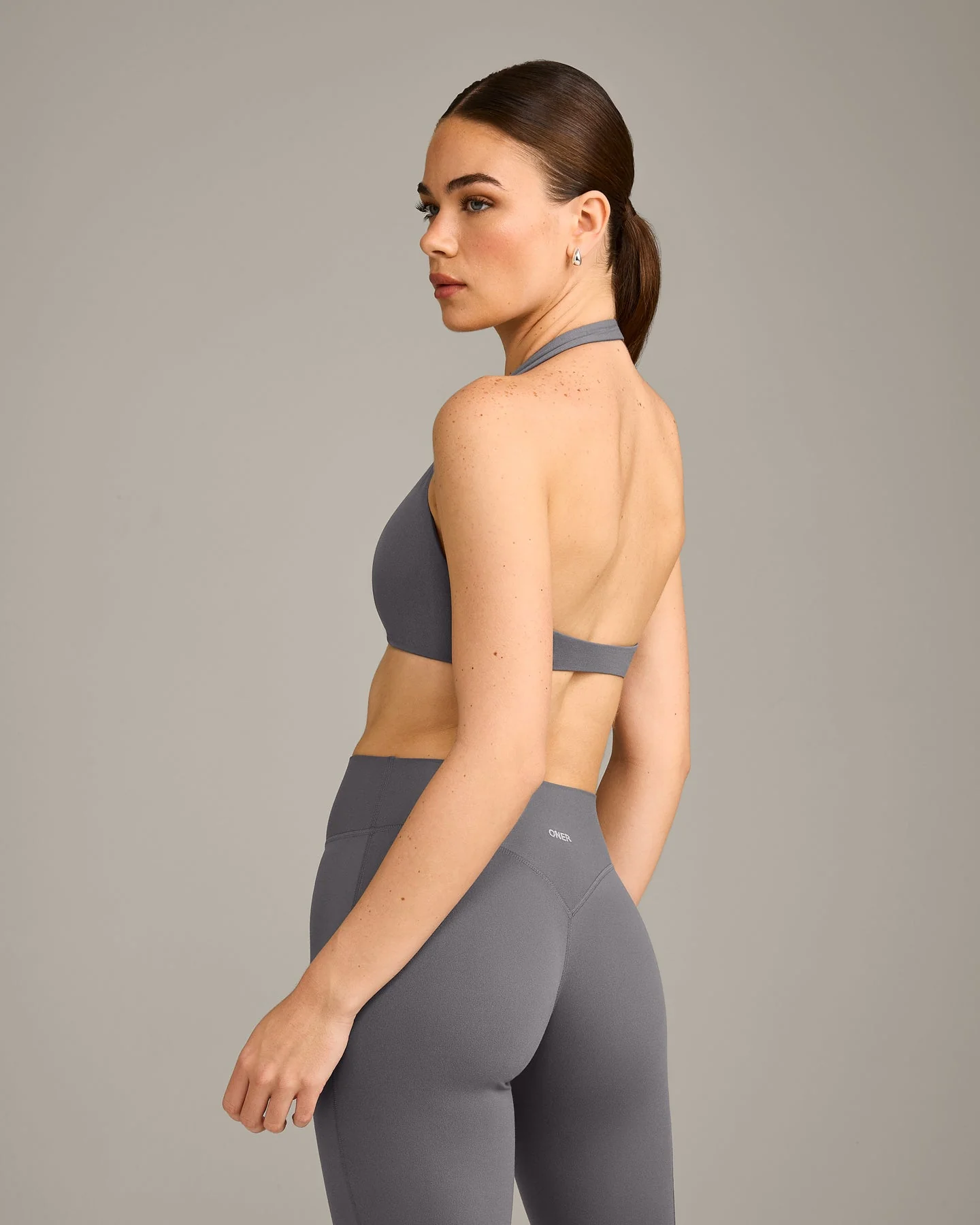 SoftMotion™ Minimal Halter Neck Bralette with Grey Logo | Ash Grey - Image 6