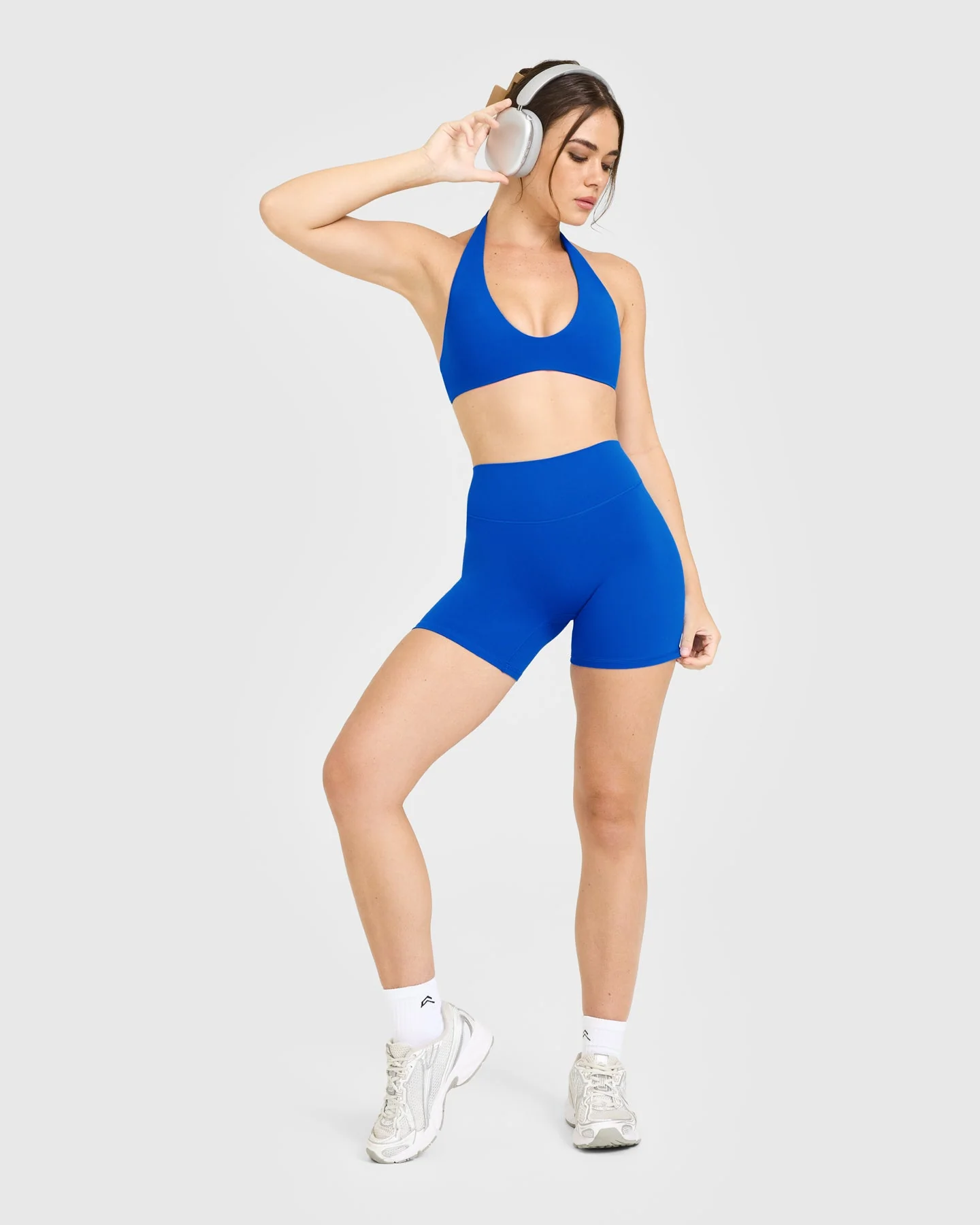 SoftMotion™ Minimal Halter Neck Bralette with White Logo | Light Cobalt Blue - Image 3