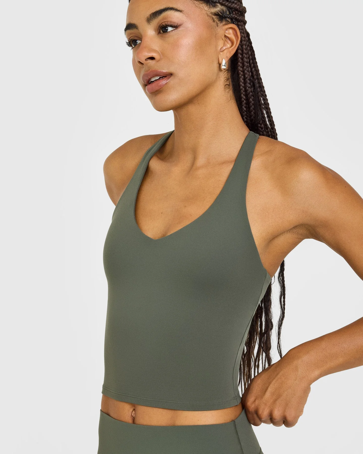 SoftMotion™ Racer Back Mid Vest with Built in Bra Shelf with White Logo | Dark Khaki - Image 5