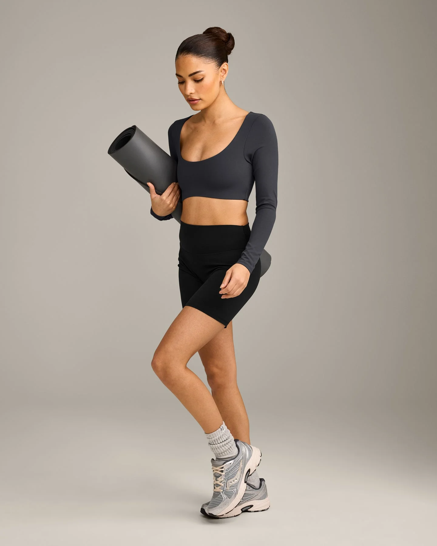 SoftMotion™ Scoop Neck Long Sleeve Crop Top with Built in Bra Shelf with Grey Logo | Coal - Image 2