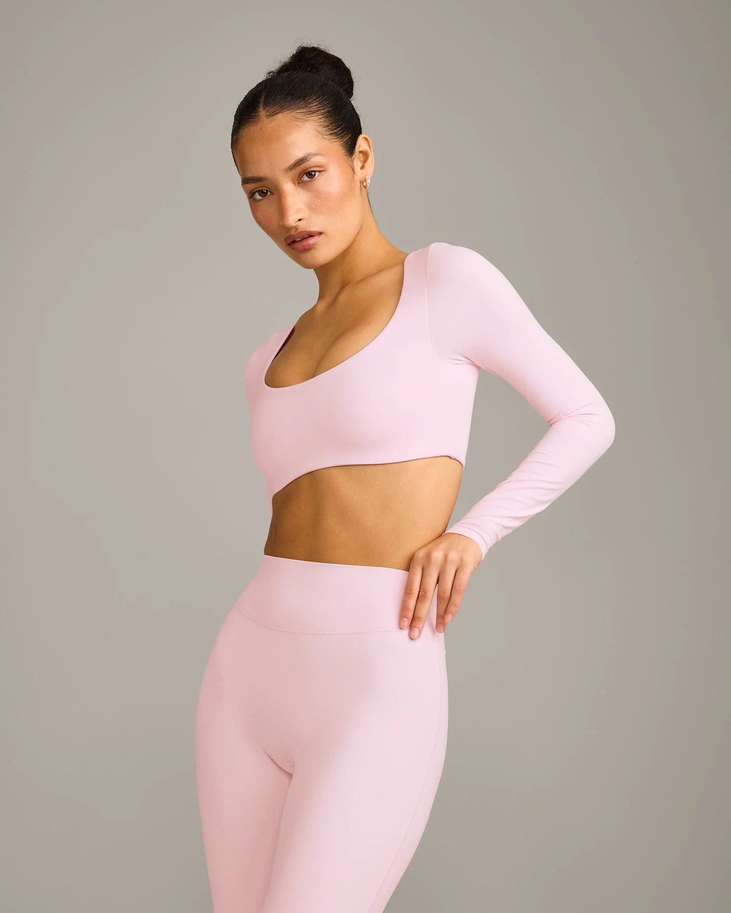 SoftMotion™ Scoop Neck Long Sleeve Crop Top with Built in Bra Shelf with Grey Logo | Soft Girl Pink