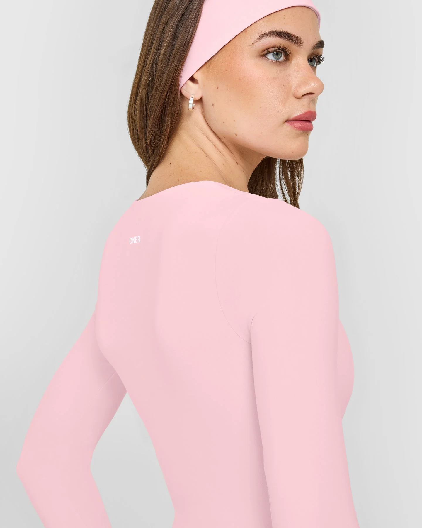 SoftMotion™ Scoop Neck Long Sleeve Top with Built in Bra Shelf with White Logo | Cherry Blossom Pink - Image 4