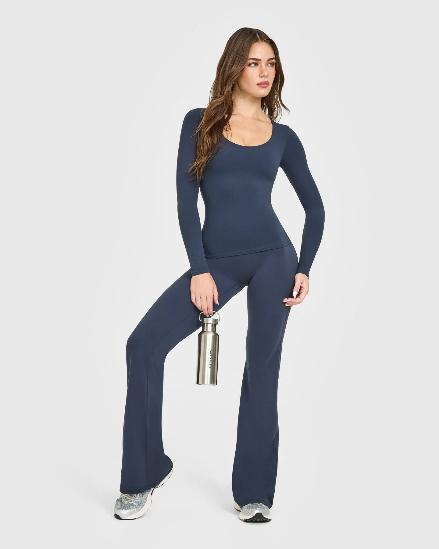 SoftMotion™ Scoop Neck Long Sleeve Top with Built in Bra Shelf with White Logo | True Blue - Image 3