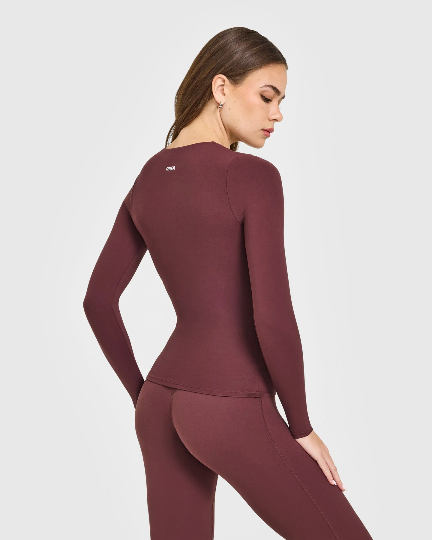 SoftMotion™ Scoop Neck Long Sleeve Top with Built in Bra Shelf with White Logo | Velvet Mocha - Image 6