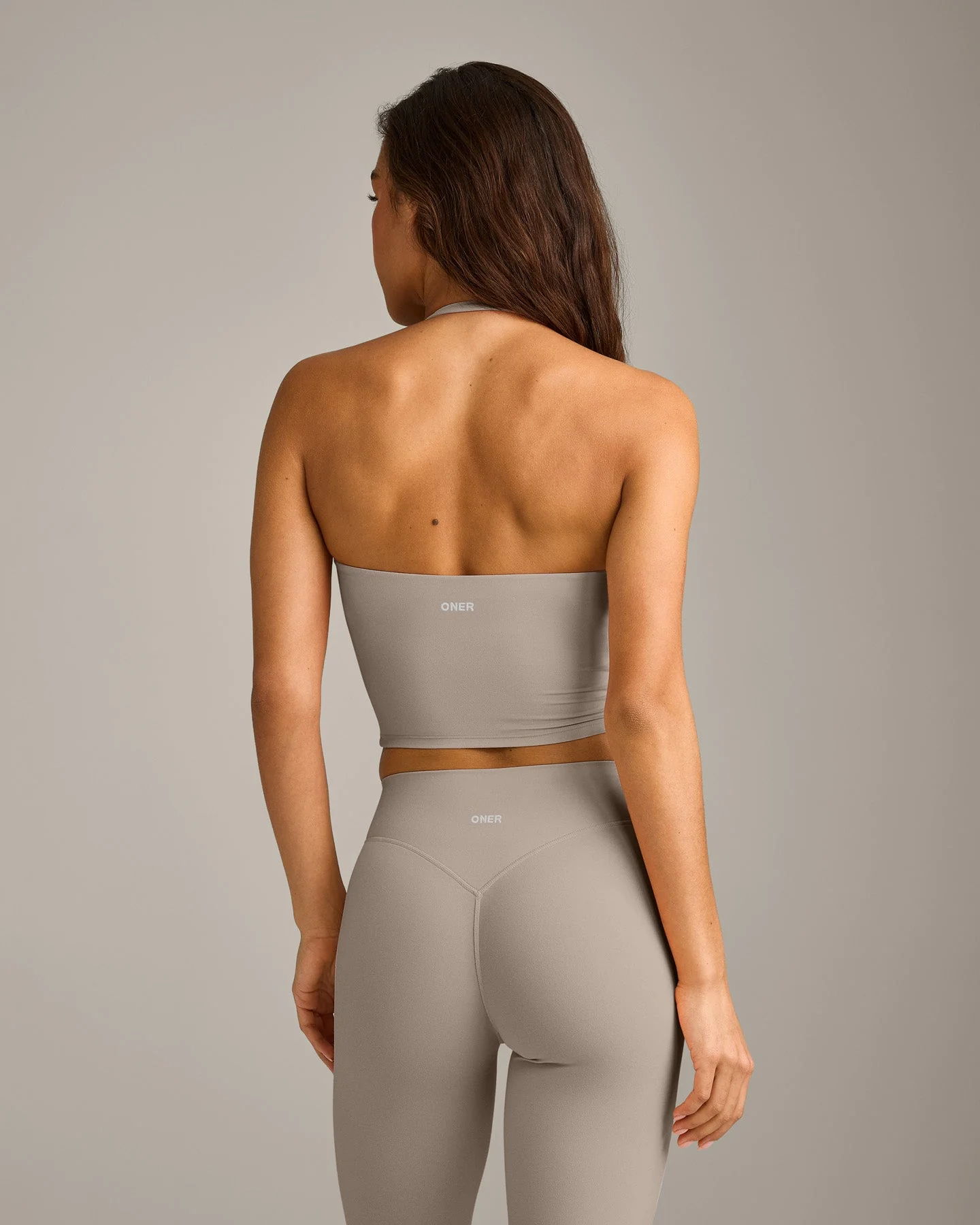 SoftMotion™ Strappy Halter Neck Mid Vest with Built in Bra Shelf with White Logo | Warm Sand - Image 6
